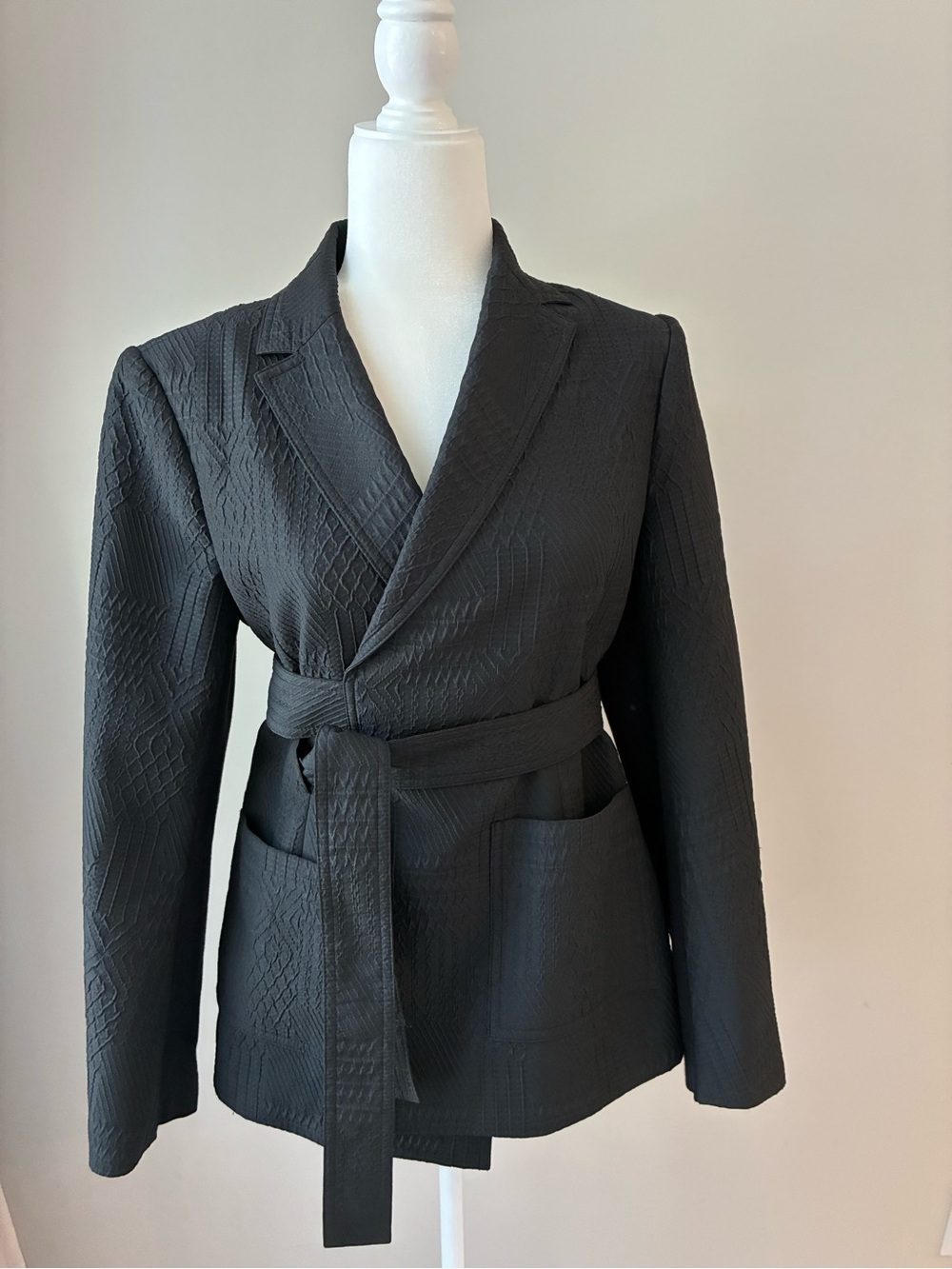 BCBGMaxAzria Black Textured Wrap Blazer with Self Tie
